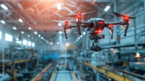 Drone inspecting industrial equipment with AI-based analysis tools, flying in a well-lit factory, upper third copy space photo