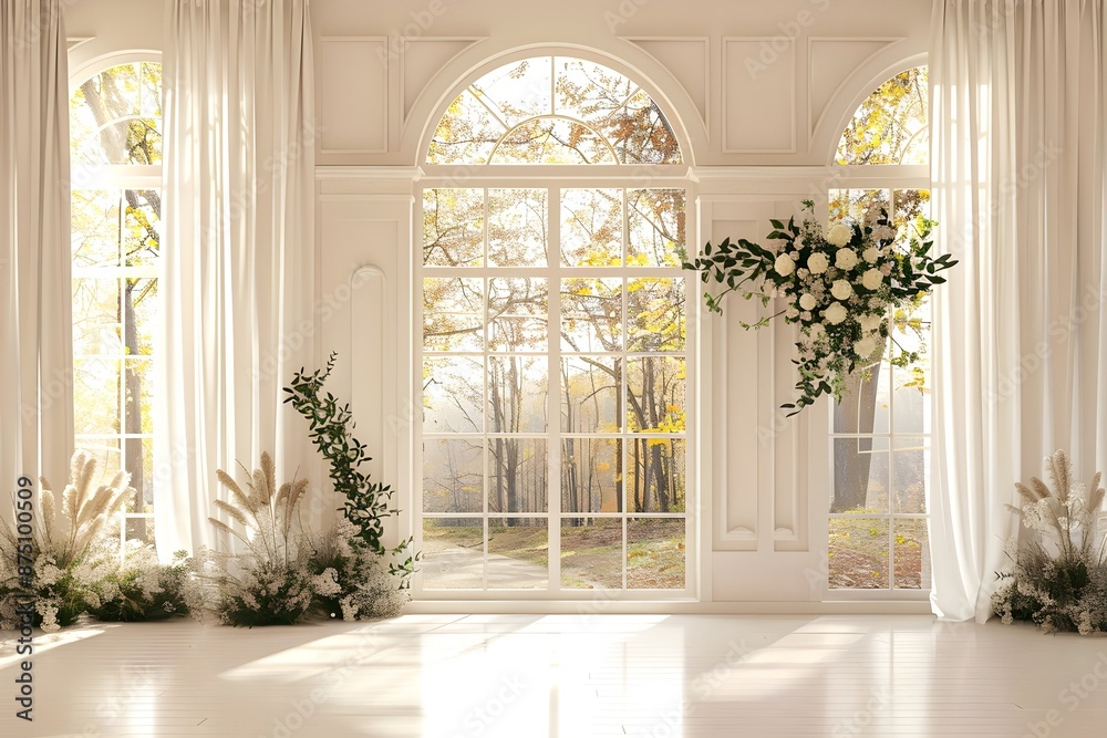 Background wedding with floral and view outside from windown generative AI	