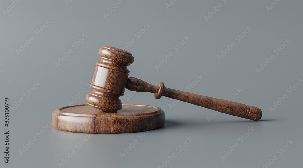 A gavel with a wooden handle on a table against a gray background, in the stock photo style A gavel with a wooden handle on a table against a gray background, in the stock photo style