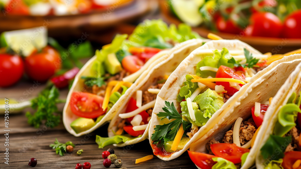 A plate of four tacos with lettuce, tomatoes, and cheese A plate of four tacos with lettuce, tomatoes, and cheese