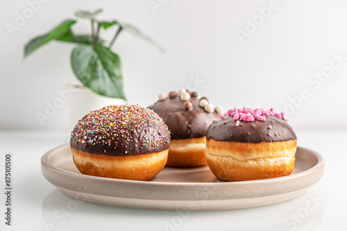 assorted chocolate glazed donuts on ceramic plate and home plant on white glass surface close up photo