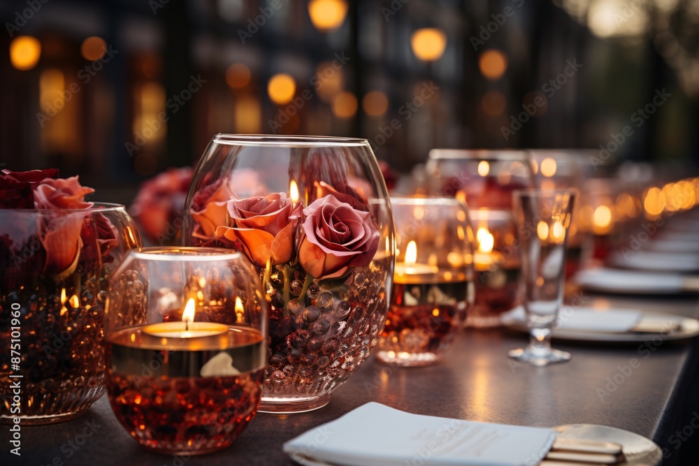 Elegant outdoor dining setup with lit candles, glasses, and floral decorations at dusk. Elegant outdoor dining setup with lit candles, glasses, and floral decorations at dusk.