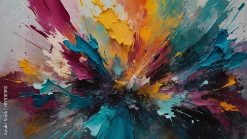 An abstract painting with a mix of textured brushstrokes, splatters, and overlapping layers of muted and bright hues, evoking a sense of spontaneity and artistic expression