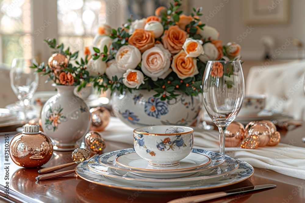 Fototapeta premium Elegant dining table set with floral china, glassware, and a centerpiece of orange roses.