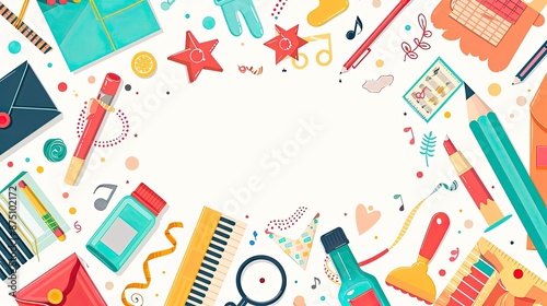 Colorful creative supplies arranged around a white background, perfect for arts and crafts, education, and DIY projects.