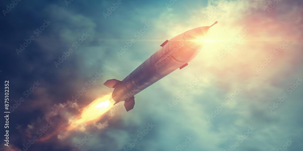 A photo of a missile soaring through the sky with clouds in view. The sleek design is accentuated against the blue background, and a powerful jet flame emanates from the back end. Space travel concept A photo of a missile soaring through the sky with clouds in view. The sleek design is accentuated against the blue background, and a powerful jet flame emanates from the back end. Space travel concept