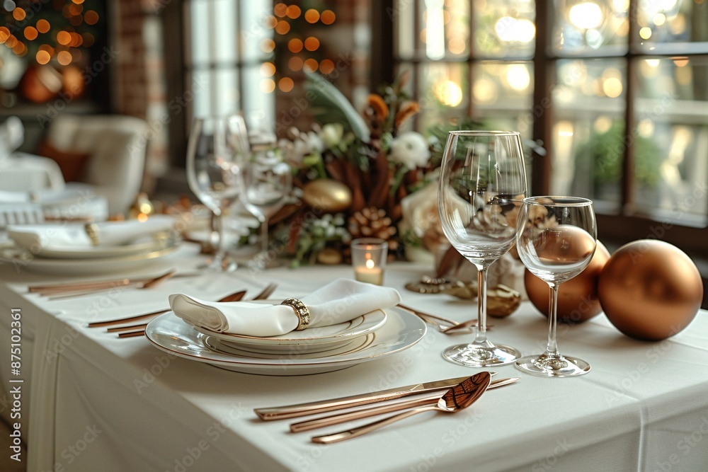 Fototapeta premium Elegant dining table elegantly set against a backdrop of twinkling lights and large windows.