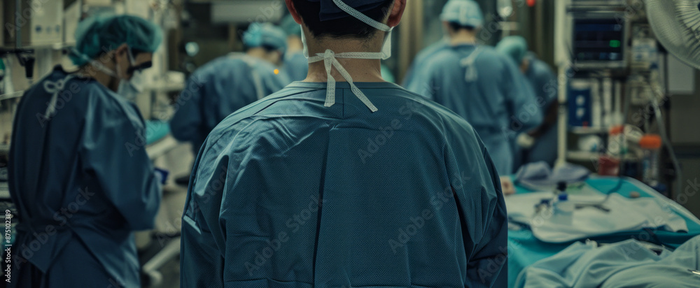 A team of surgeons in blue scrubs operating on a patient. A team of surgeons in blue scrubs operating on a patient.