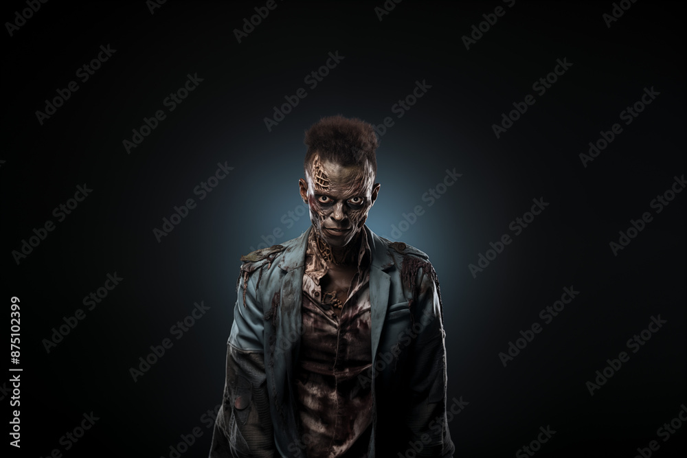 A man dressed as a zombie for Halloween standing in front of an isolated background (1) A man dressed as a zombie for Halloween standing in front of an isolated background (1)