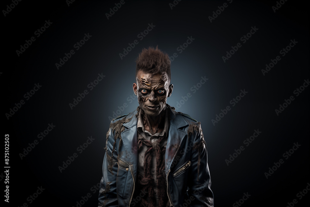 A man dressed as a zombie for Halloween standing in front of an isolated background (1) A man dressed as a zombie for Halloween standing in front of an isolated background (1)