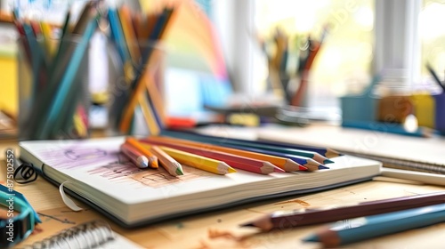 Colorful pencils and sketchbook on an artist's desk, with an out-of-focus background, showcasing a creative workspace and artistic tools.