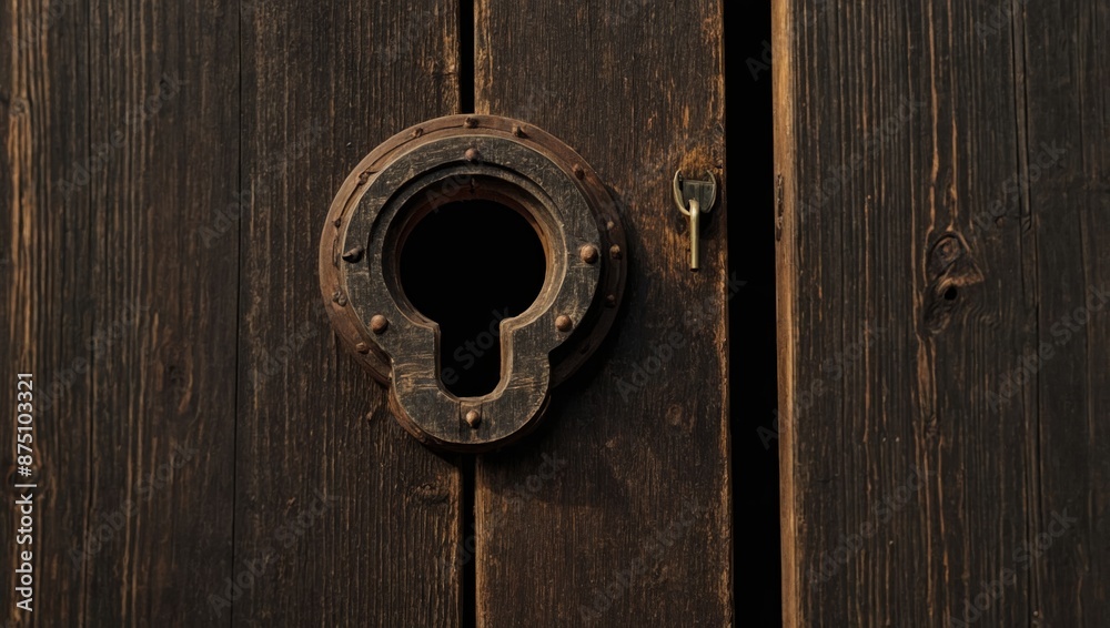 A high resolution graph of a keyhole on an old wooden door, with a view inside showing a fantastical A high resolution graph of a keyhole on an old wooden door, with a view inside showing a fantastical