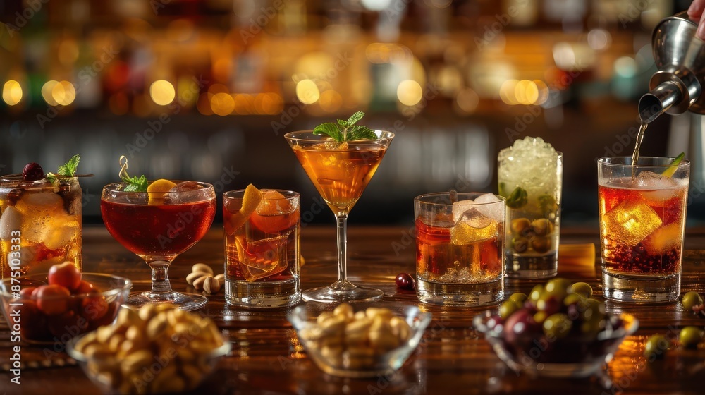 Traditional finger cocktails for an evening gathering Show a variety of classic cocktails like martinis Traditional finger cocktails for an evening gathering Show a variety of classic cocktails like martinis