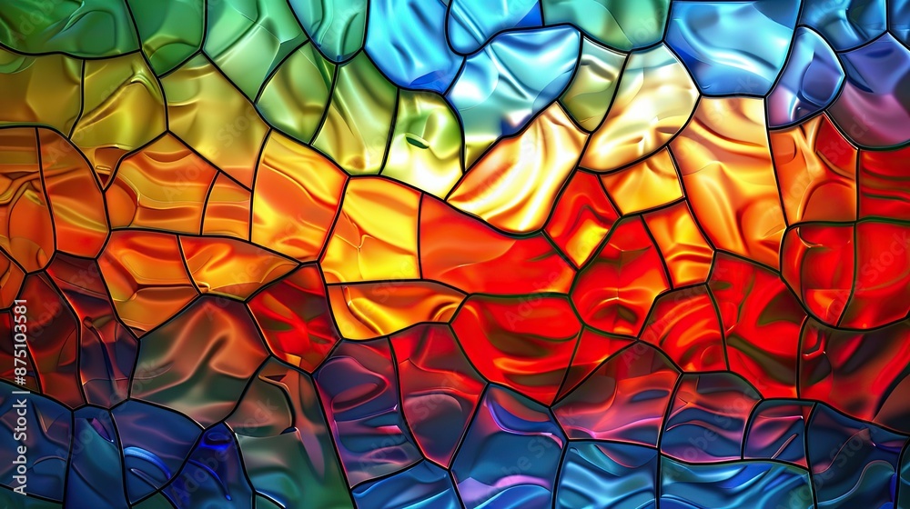 A colorful stained glass window with a blue background and red, yellow A colorful stained glass window with a blue background and red, yellow