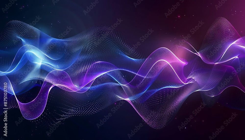 Abstract background with 3D waves, featuring purple and blue gradients and a glowing light effect on a dark backdrop. Abstract background with 3D waves, featuring purple and blue gradients and a glowing light effect on a dark backdrop.