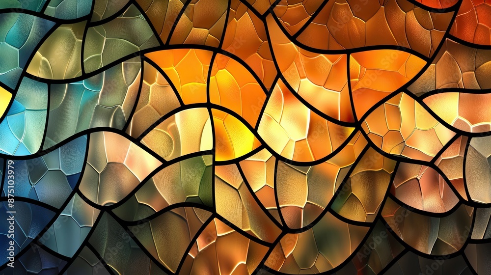 A stained glass window with a blue and yellow design