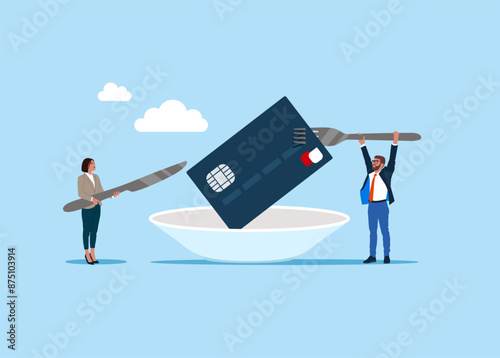 Business people hold fork knife eat credit card. Greedy businessman and woman eating money symbolising consumerism. Flat vector illustration