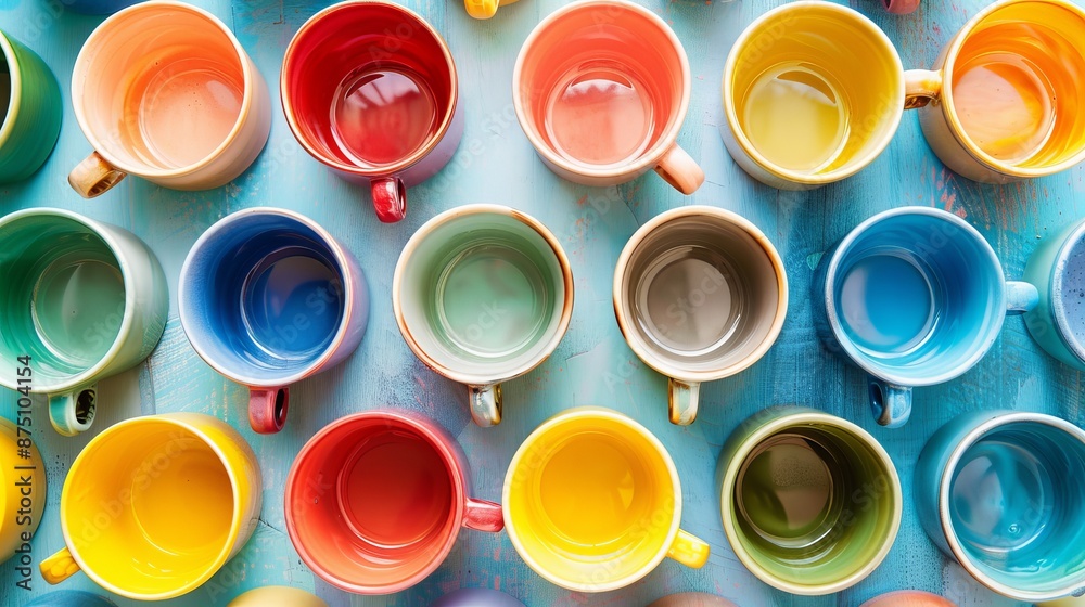 Playful coffee cups arranged in a colorful and abstract pattern AI generated illustration Playful coffee cups arranged in a colorful and abstract pattern AI generated illustration