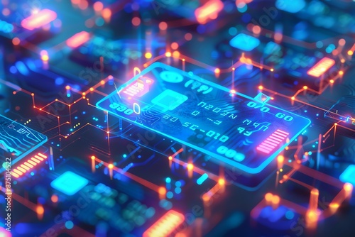 Secure online transactions, holographic payment interface, futuristic fintech, glowing accents