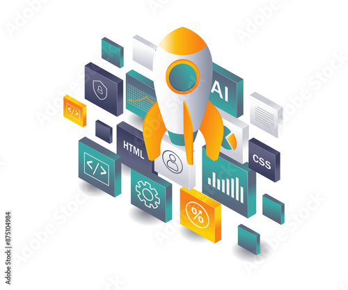 Startup Launches New App Update flat isometric illustration
