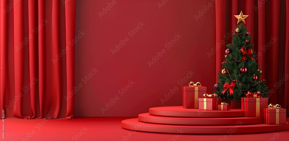 3D Christmas red background with podium, tree and present box for product presentation template vector illustration Minimalistic scene with a red curtain background. 3D Christmas red background with podium, tree and present box for product presentation template vector illustration Minimalistic scene with a red curtain background.
