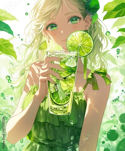 Anime Girl Surrounded by Limes drinking Mojito and Ice Cubes photo