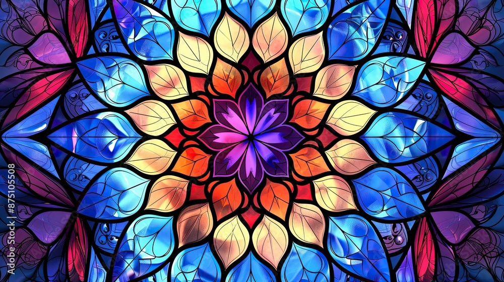 A colorful stained glass flower with blue, red, yellow, and green leaves A colorful stained glass flower with blue, red, yellow, and green leaves