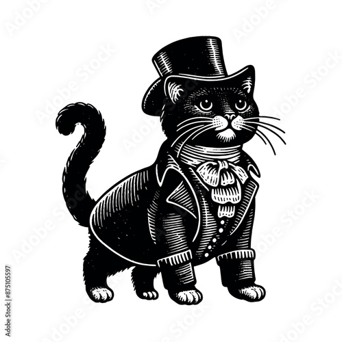 Black cat aristocrat dressed in a tailcoat and top hat.  Vintage black engraving vector illustration. Line art, isolated object, cut out. 