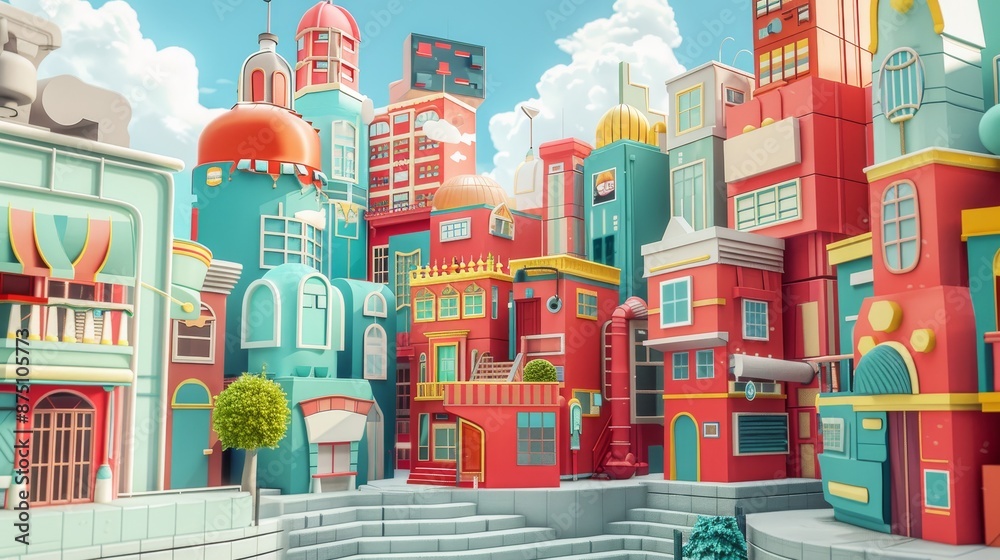 Quirky buildings and architecture in a 3D retro city AI generated illustration Quirky buildings and architecture in a 3D retro city AI generated illustration