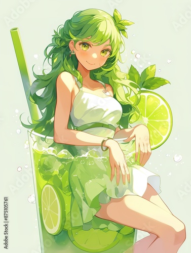 Anime Girl Relaxing in Pool with Lime Mojito Slices photo