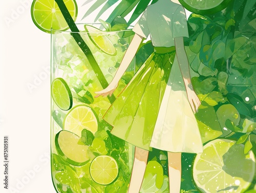 Anime Girl Relaxing in Pool with Lime Mojito Slices photo