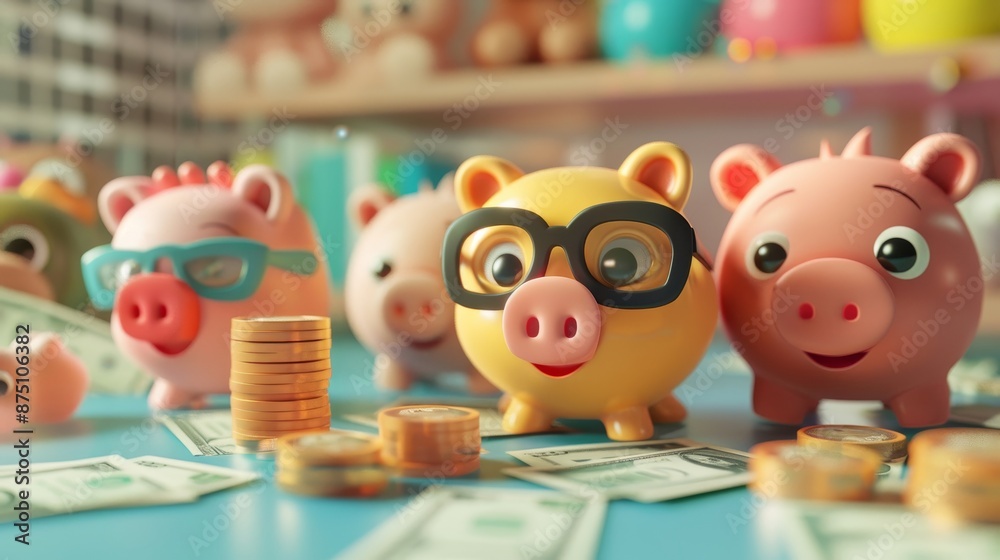 Obraz premium Render a cute 3D scene of cartoon characters engaging in money-making activities AI generated illustration