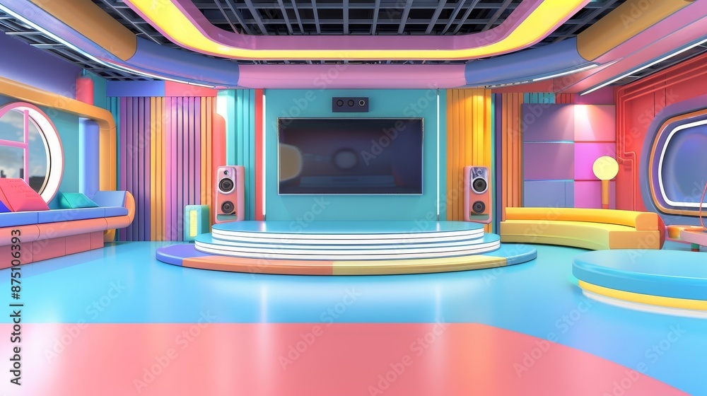 Render a modern and playful 3D version of a TV show podcast studio AI generated illustration