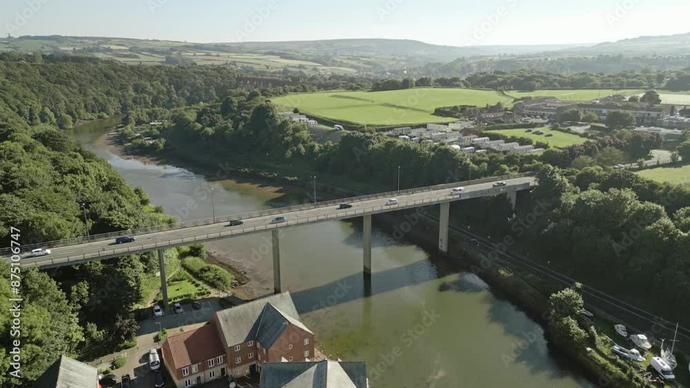 Aerial view as cars cross New bridge, A171 at Whitby, North Yorkshire, England Aerial view as cars cross New bridge, A171 at Whitby, North Yorkshire, England