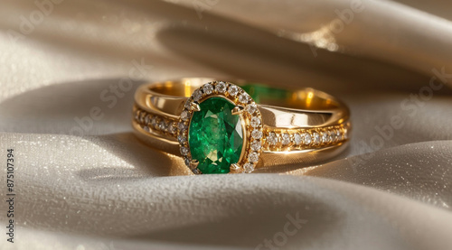 A gold ring set with an oval emerald in the center, flanked by small round diamonds on each side photo