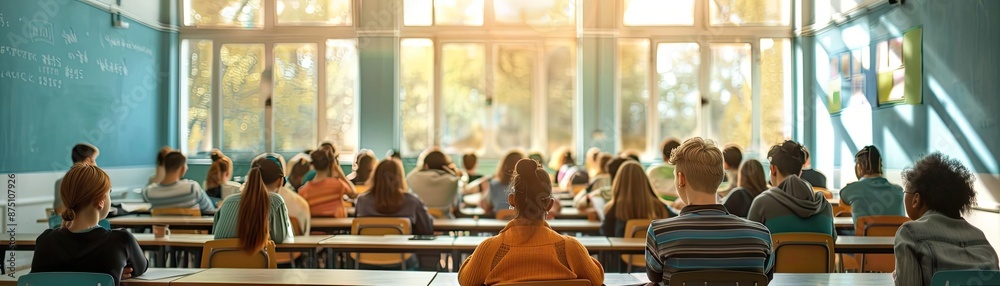 Students sitting in a classroom with large windows and sunlight streaming in, focusing on learning and education in a bright environment. Students sitting in a classroom with large windows and sunlight streaming in, focusing on learning and education in a bright environment.