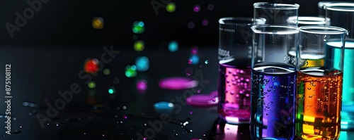 Colorful chemical solutions in test tubes on a black background, perfect for science and laboratory themes.