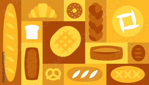 Bread and bakery, geometric pattern. Modern geometric background with different types of bread- white grain bread, challah, baguette, ciabatta, brown, multigrain, pretzel, croissant. Bauhaus style