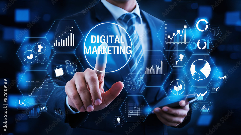 A man in formal dress coat touching a holographic display digital marketing growth icons concept A man in formal dress coat touching a holographic display digital marketing growth icons concept