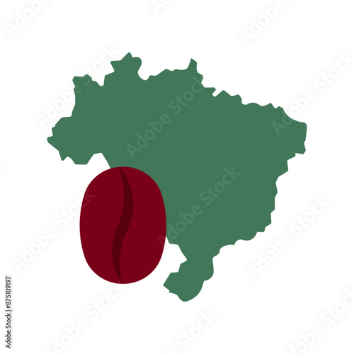 Brazil coffee icon. Shape of Brazil country and roasted coffee bean. Minimalist geometric illustration, simple pictogram. For packaging, layout, coffee related design.