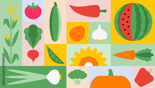 Vegetable geometric pattern. Corn, potato, tomato, onion, pumpkin, beet, broccoli, pea - harvest of organic vegetables. Farmers market concept. Minimalist stylised style, simple vector illustration