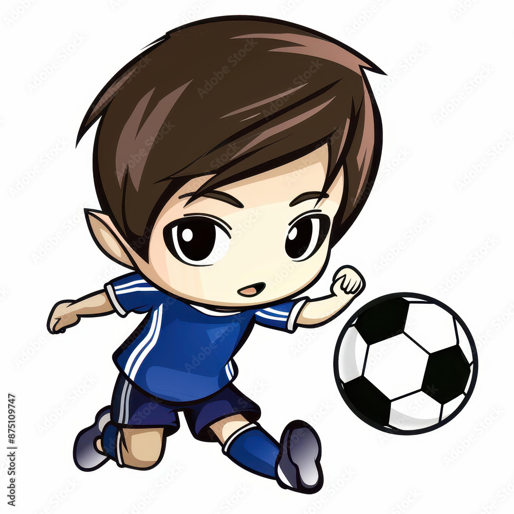 Charming Chibi illustration of a young soccer player in action against a white backdrop. Charming Chibi illustration of a young soccer player in action against a white backdrop.