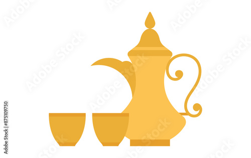 Dallah. Arabic cooper coffee pot and two cups. Simple vector illustration on white background. Minimalist style. photo