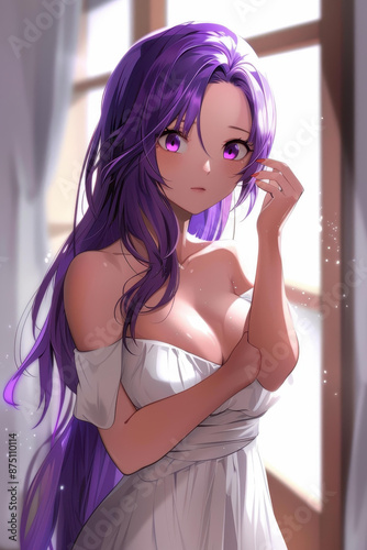 Captivating anime girl with stunning violet hair and elegant white dress.