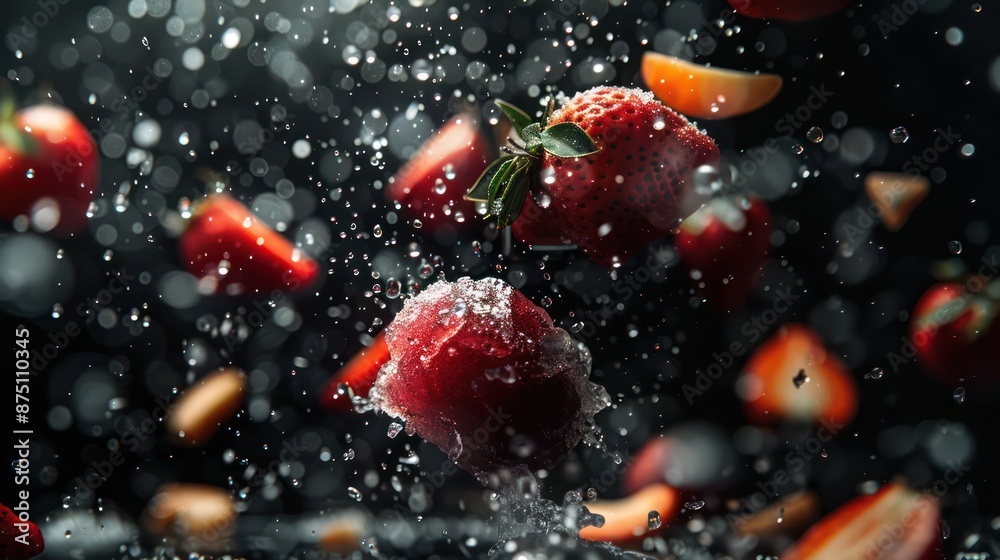 Broken frozen fruit, black background Broken frozen fruit, black background