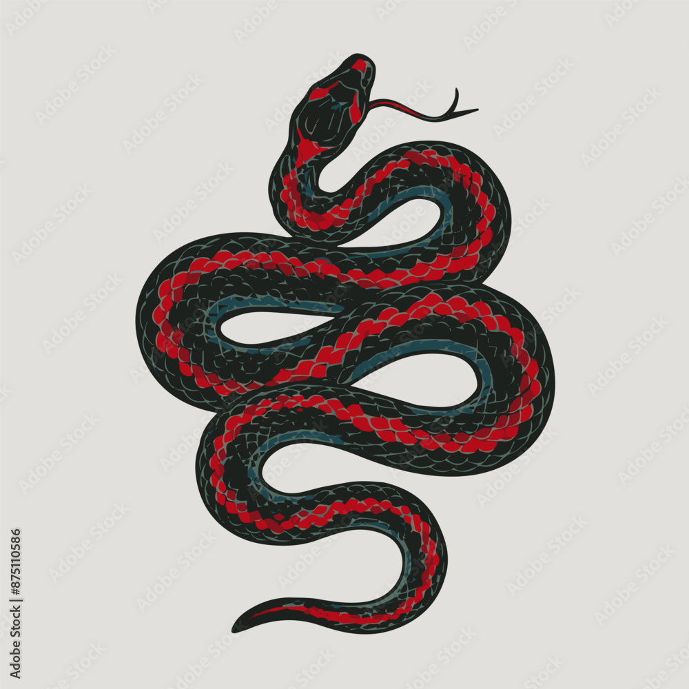 A stylized illustration of a black and red snake with a coiled body tattoo style A stylized illustration of a black and red snake with a coiled body tattoo style