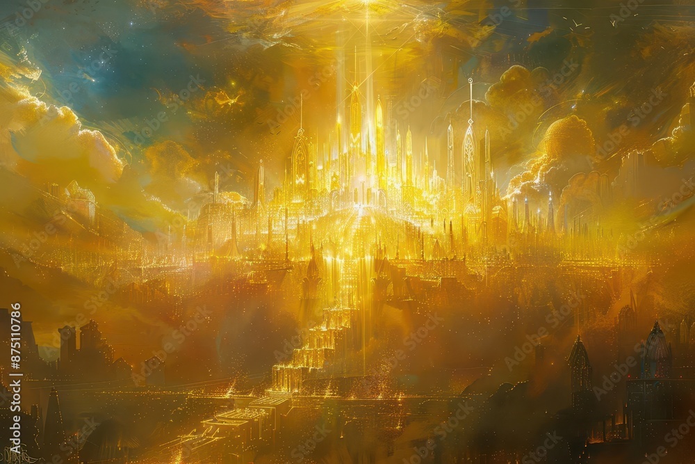 Naklejka premium celestial vision of new jerusalem ethereal golden city descending from heavens angelic light prophetic imagery divine architecture