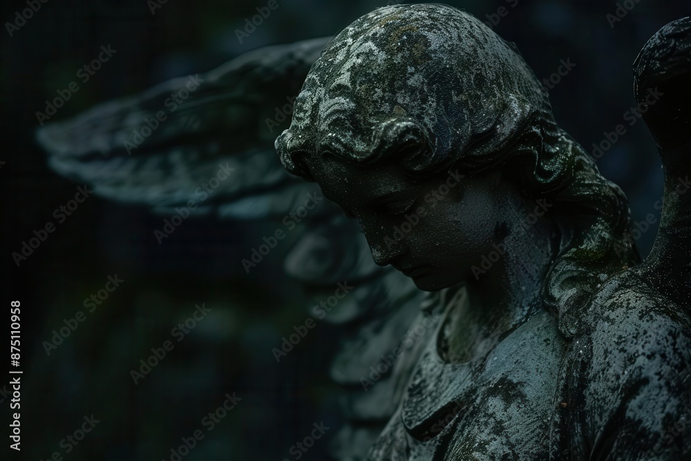 Fototapeta premium cemetery angel statue weathered sorrowful angelic figure in dramatic lighting moody atmosphere with space for text evoking themes of loss and remembrance