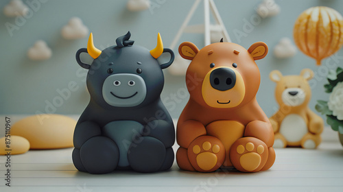 Adorable bull and bear toys sitting on a white surface