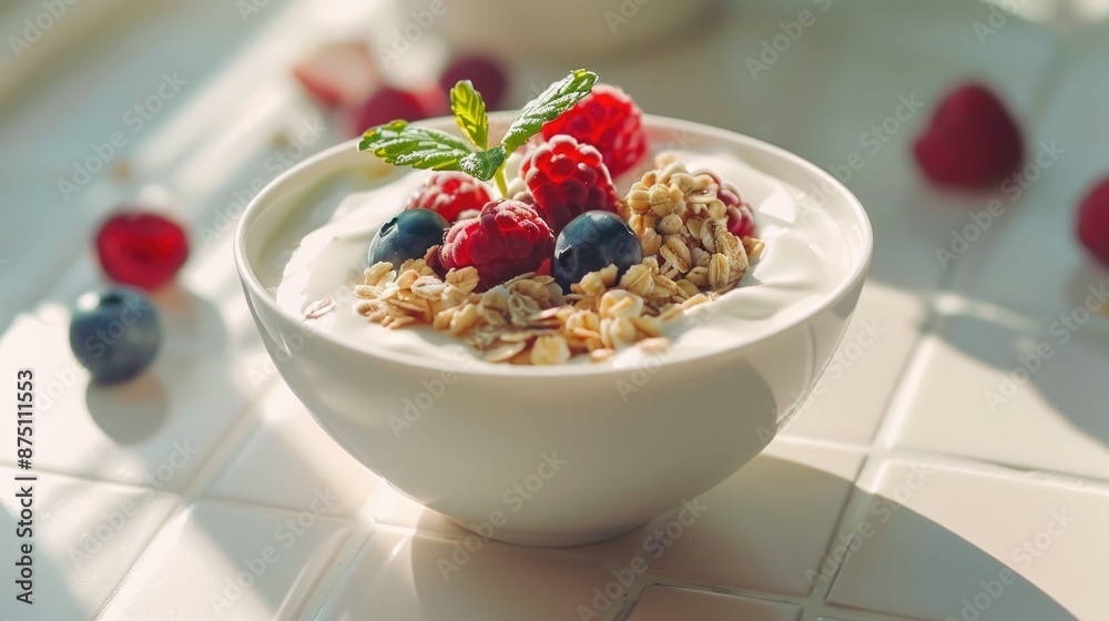 Enjoying a bowl of natural yogurt at a white tiled table. Healthy and delicious closeup. Enjoying a bowl of natural yogurt at a white tiled table. Healthy and delicious closeup.
